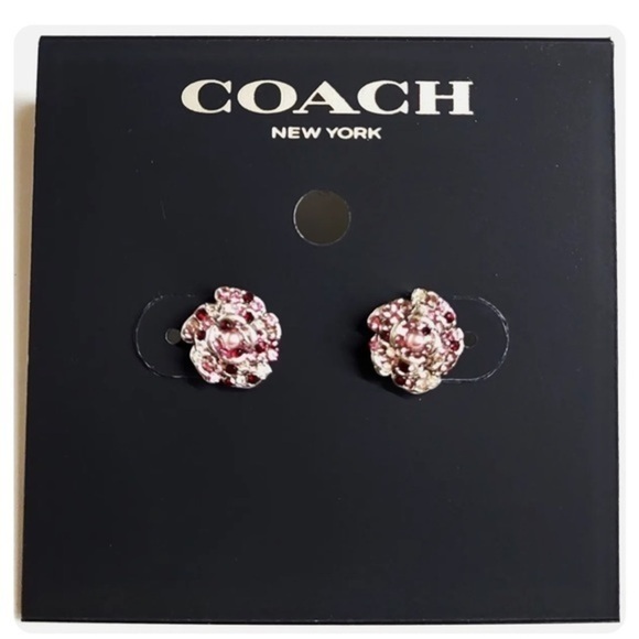 Coach Outlet Sparkling Rose Stud Earrings Pink Silver Plated Brass CZ jewelry - Picture 1 of 6